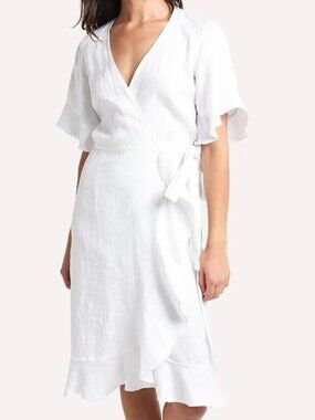 100% Linen Honorine Charlotte Ruffle Linen Wrap Dress Size M